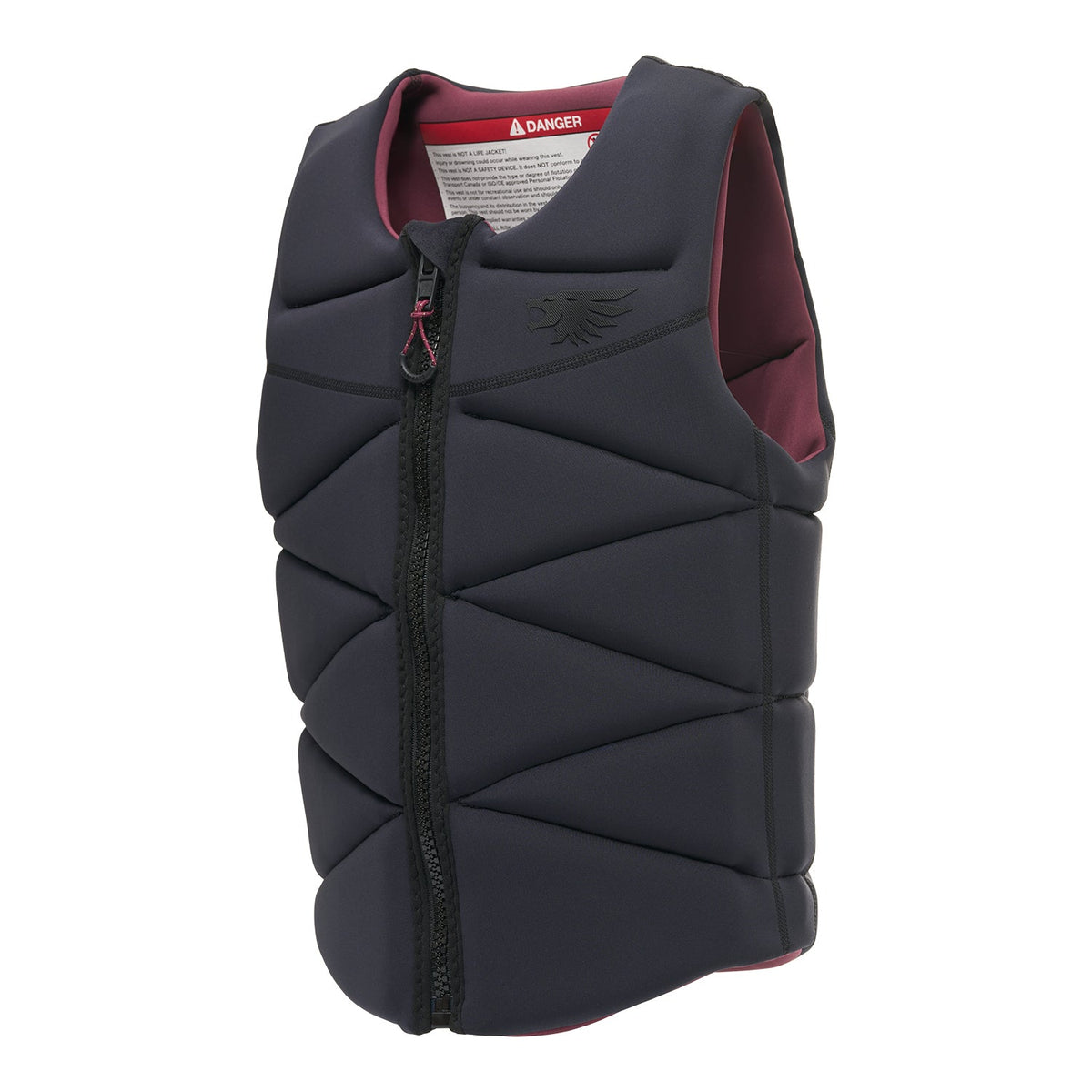 Women's Syndicate Zero Vest angled view in black with maroon lining.