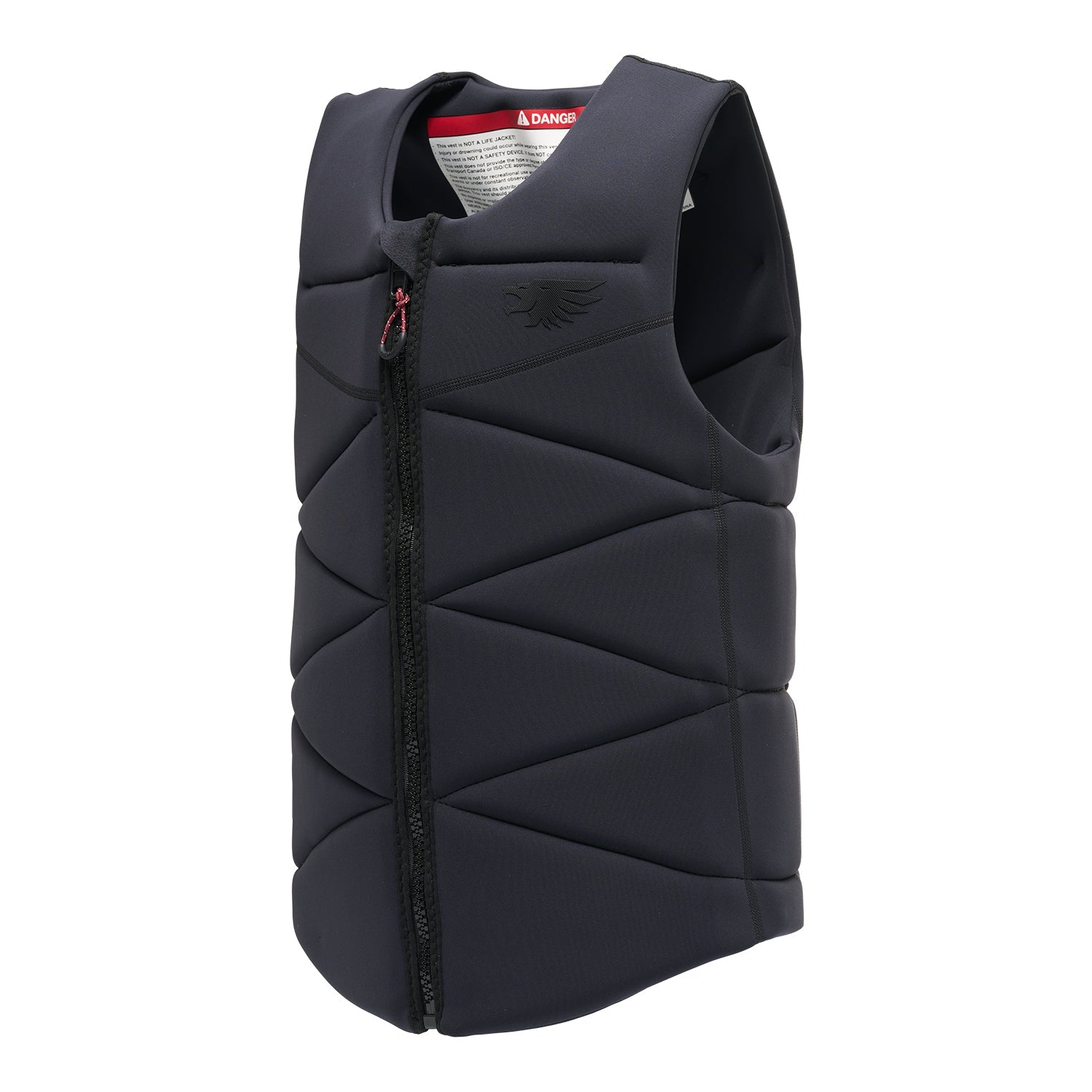 Angled view of Syndicate Zero Vest in black with front zipper and quilted padding.