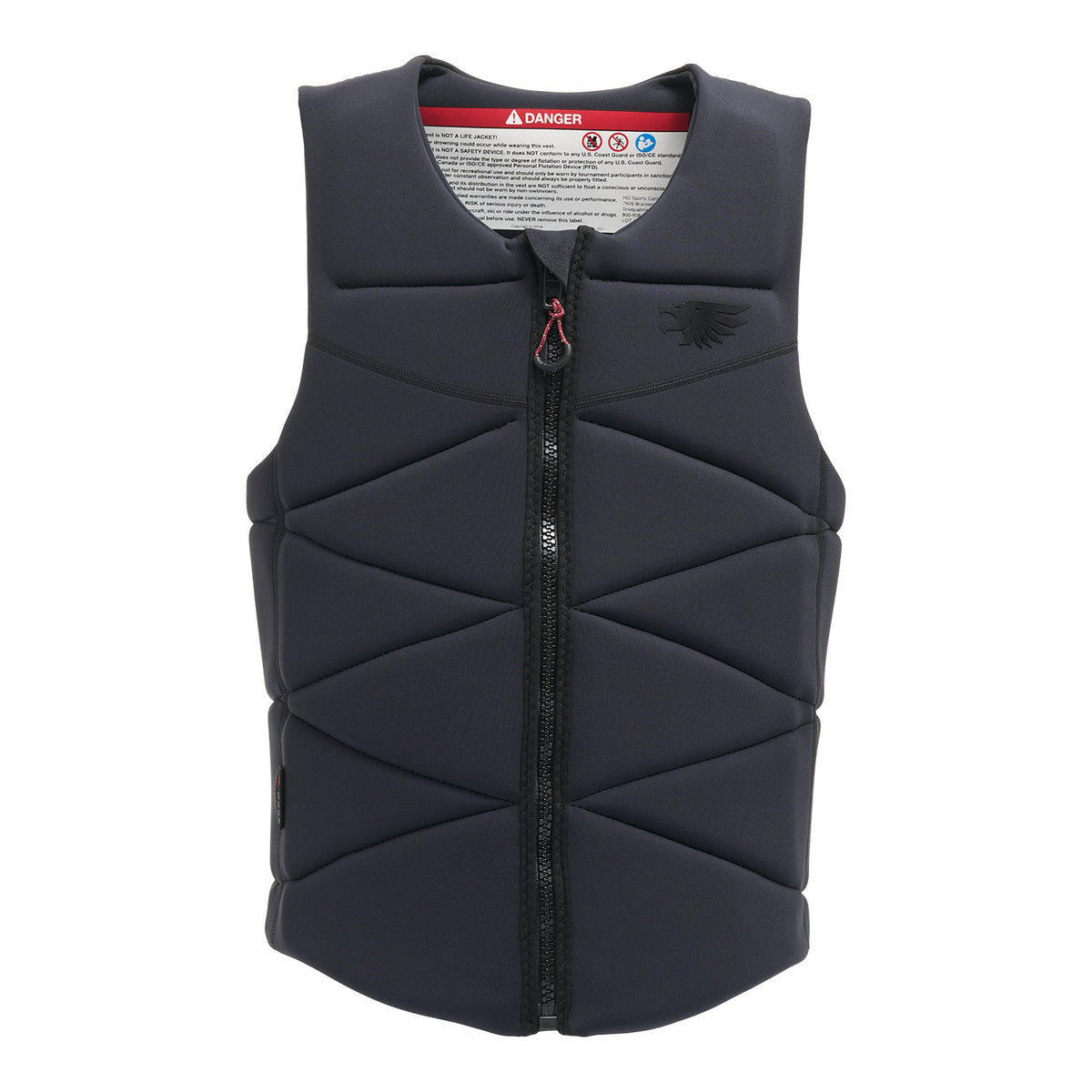 Front view of Syndicate Zero Vest in black with center zipper and diamond quilted panels.