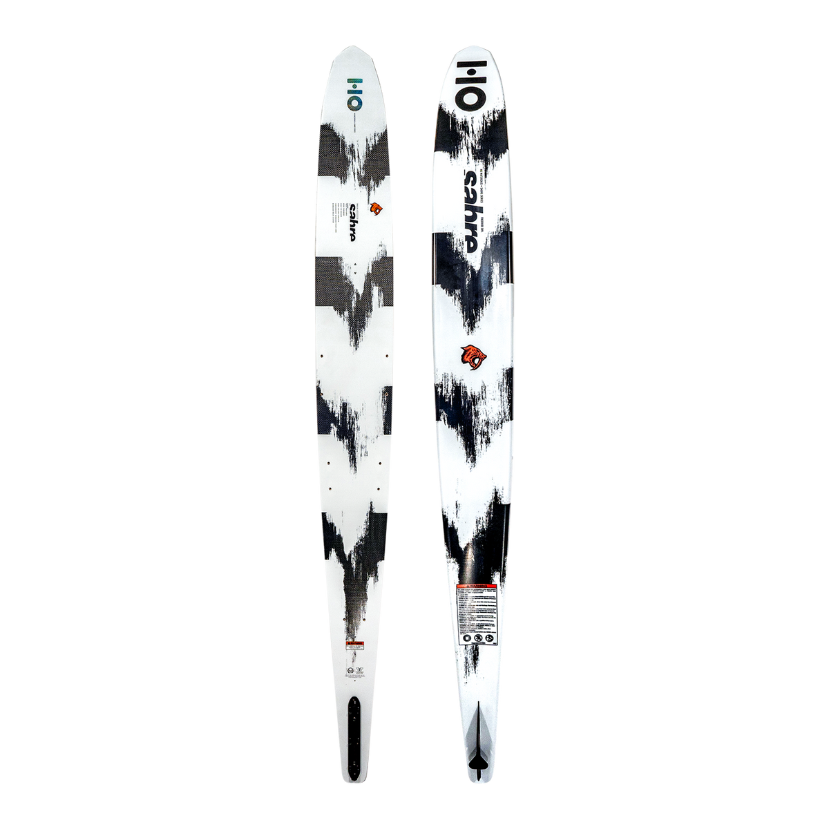 Side-by-side top and base views of the Sabre ski, displaying its white and black abstract design.