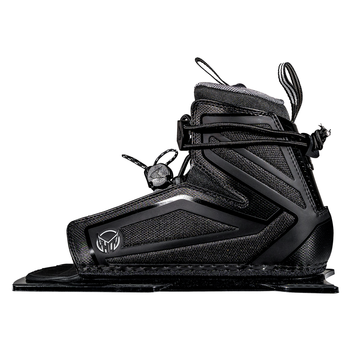 Side view of the black Stance 110 Front boot with gray stitching, adjustable laces, and a reinforced ankle support.