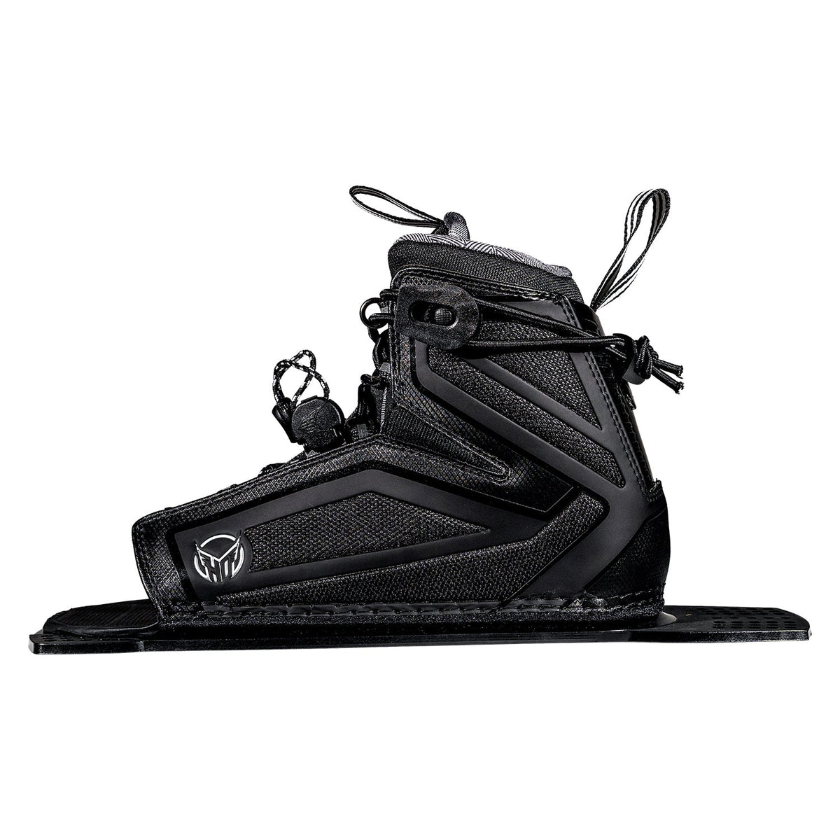 Side view of Stance 110 rear in black with angular panel design, dual lace system, and durable baseplate.