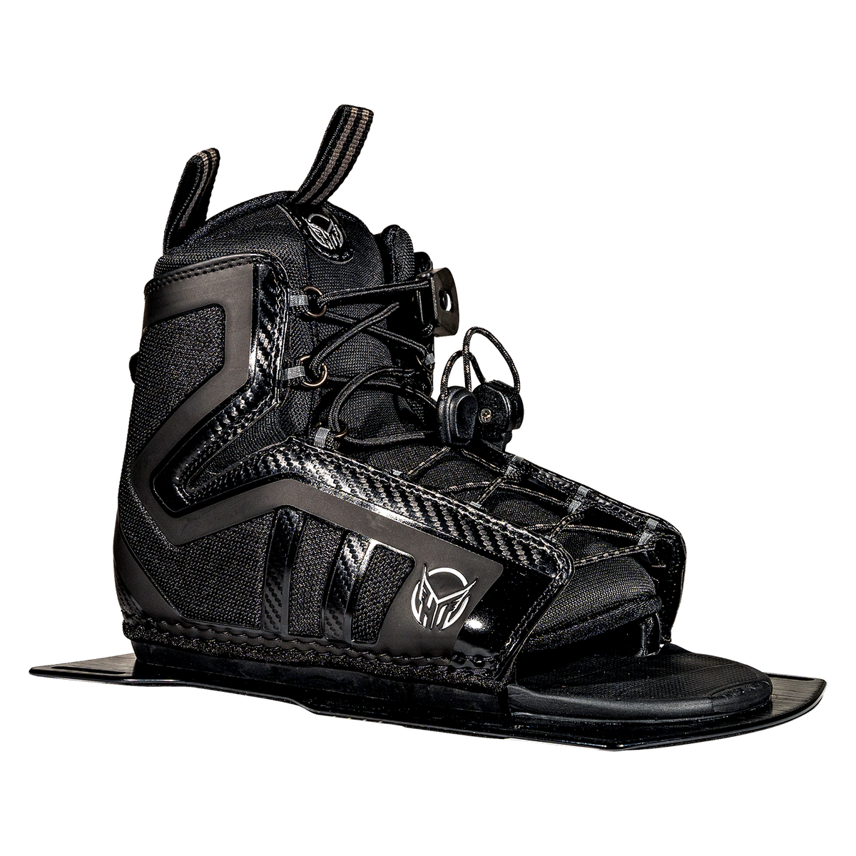 Angled view of Stance 130 Front waterski boot in black with a lace-up closure and reinforced side panels.