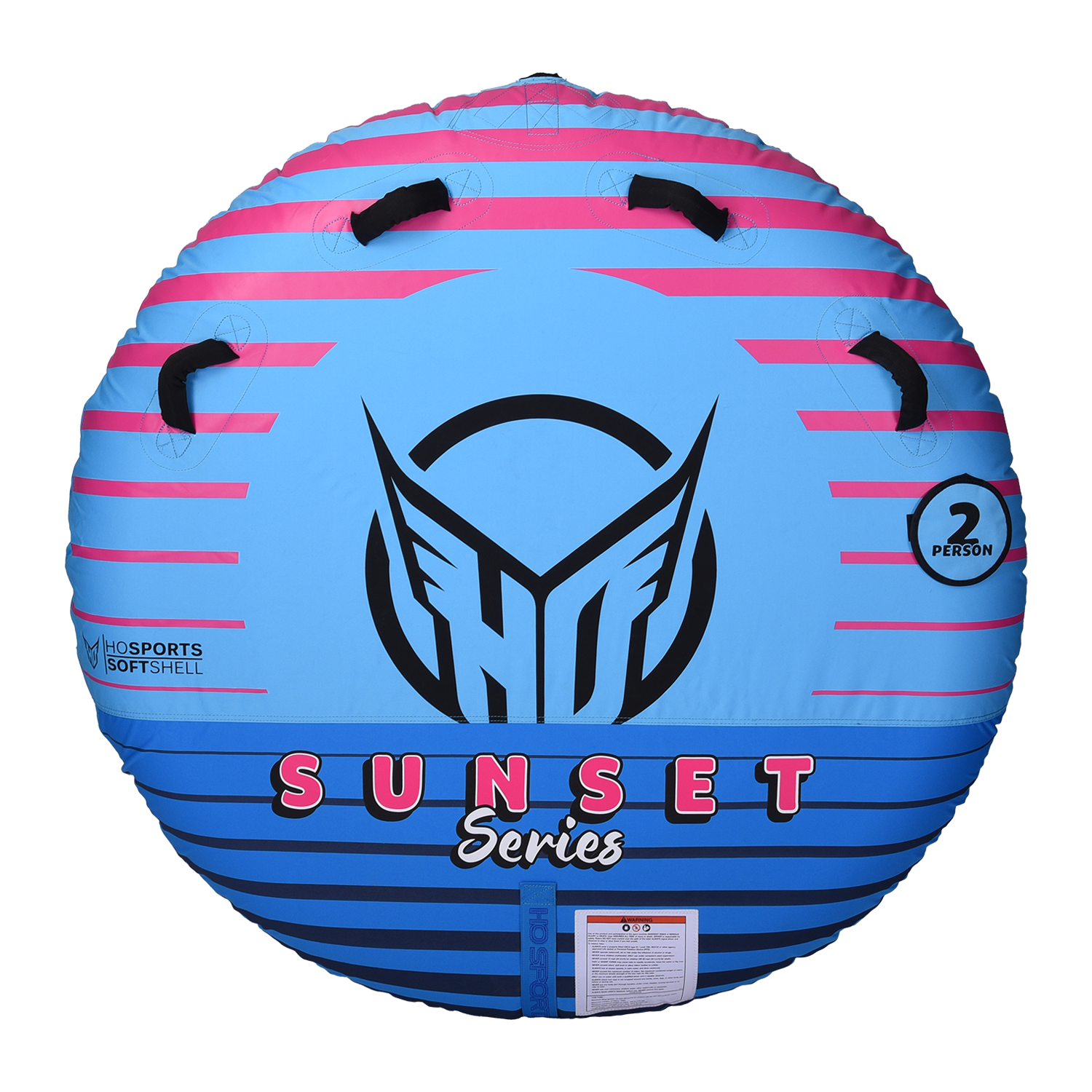 Top view of the round Sunset 2 towable tube, with a vibrant blue and pink gradient design, grab handles, and seating for two.