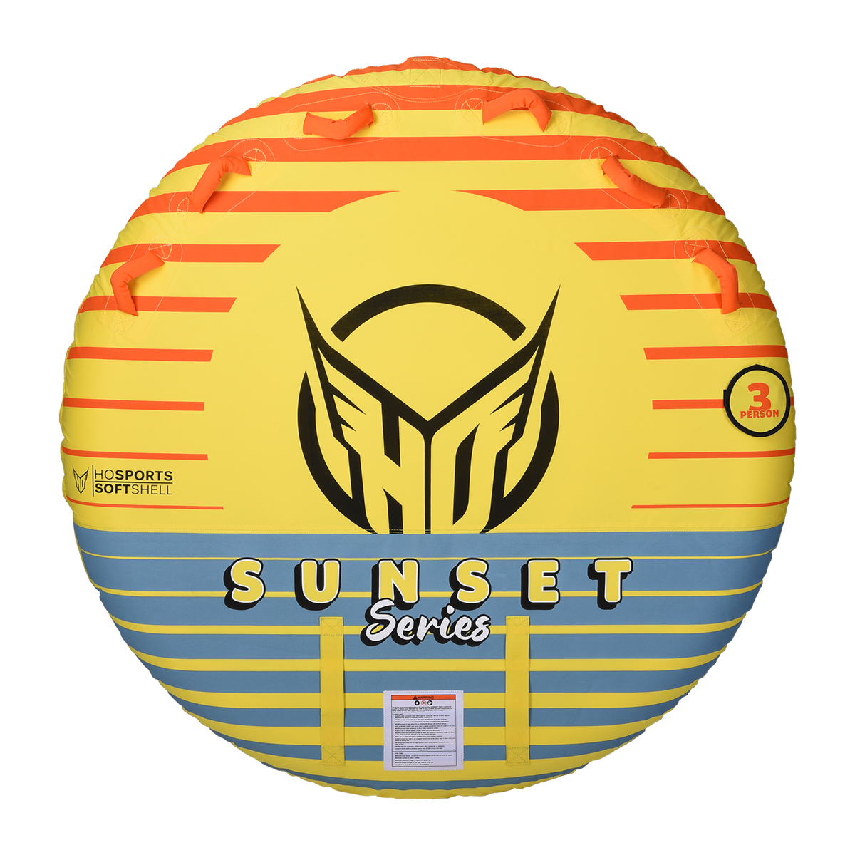 Top view of the yellow Sunset 3 towable tube, showing red handles, blue and red stripes, and a large HO Sports logo.