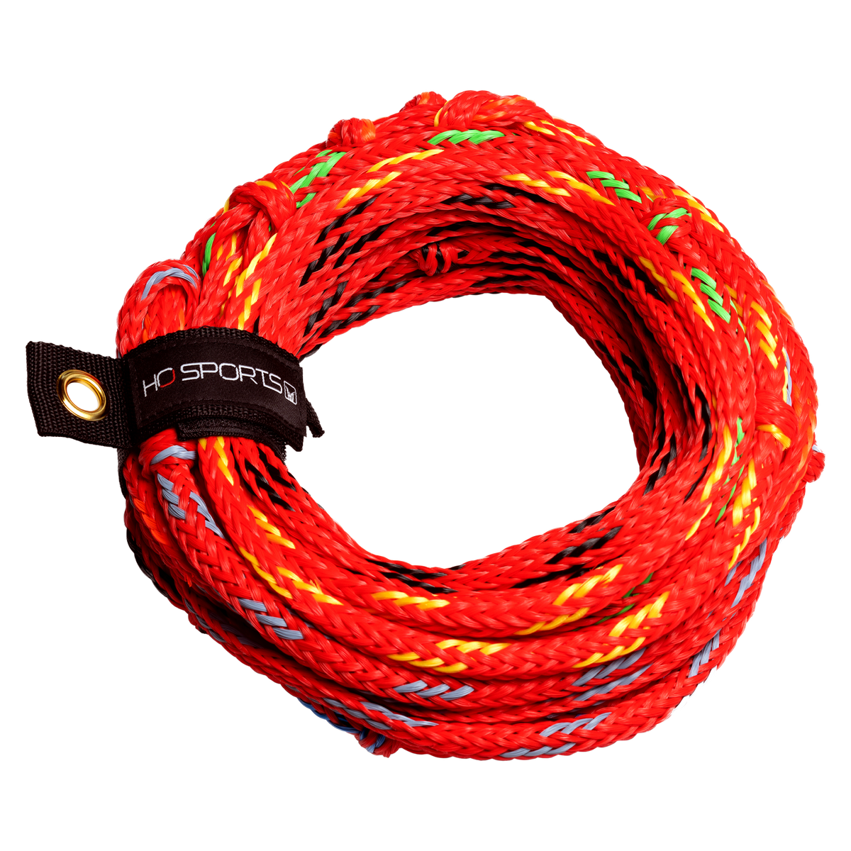 Coiled red waterski rope with black, yellow, and green accents, secured with a black HO Sports strap.