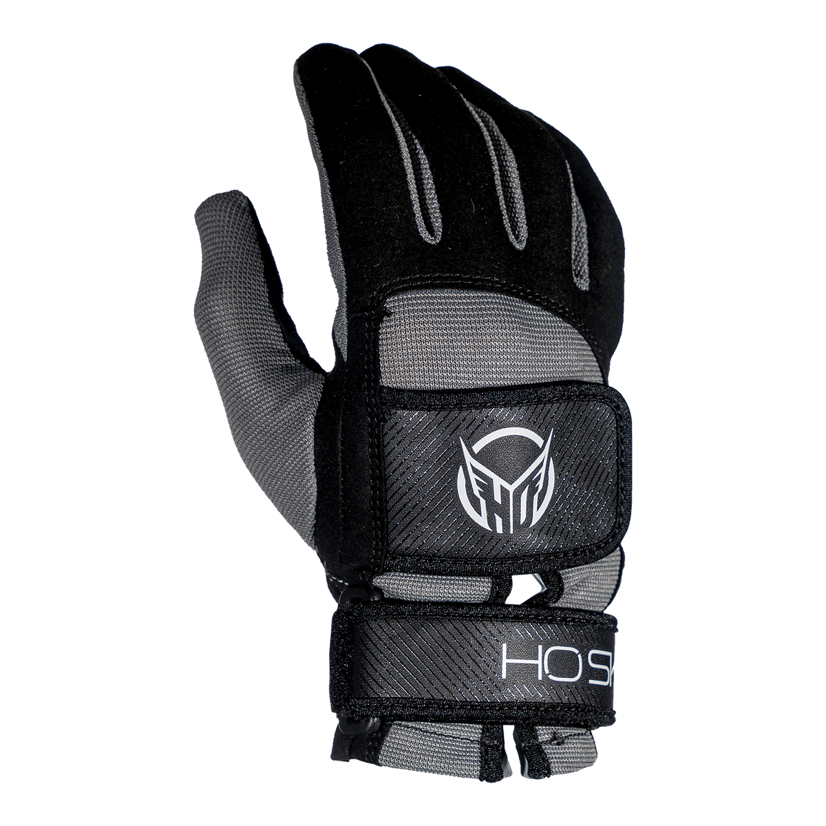 Front view of Pro Grip Glove in black and gray with HO logo and adjustable wrist strap.