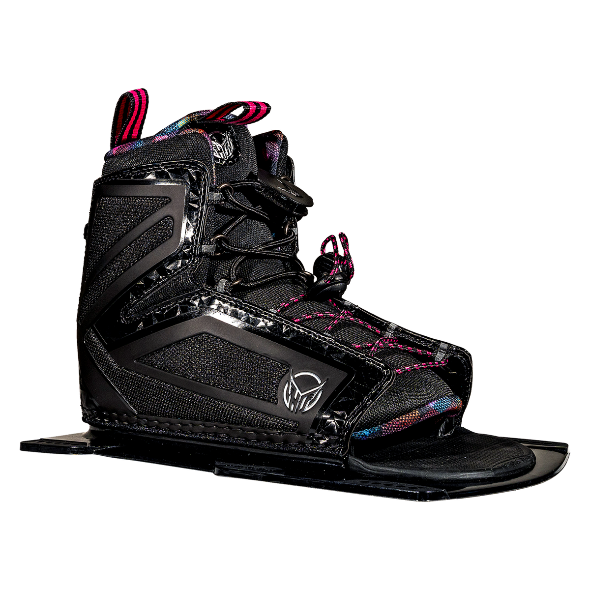 Three-quarter view of the Women's Stance 110 Front binding in black with pink laces, an open-toe design and supportive frame.