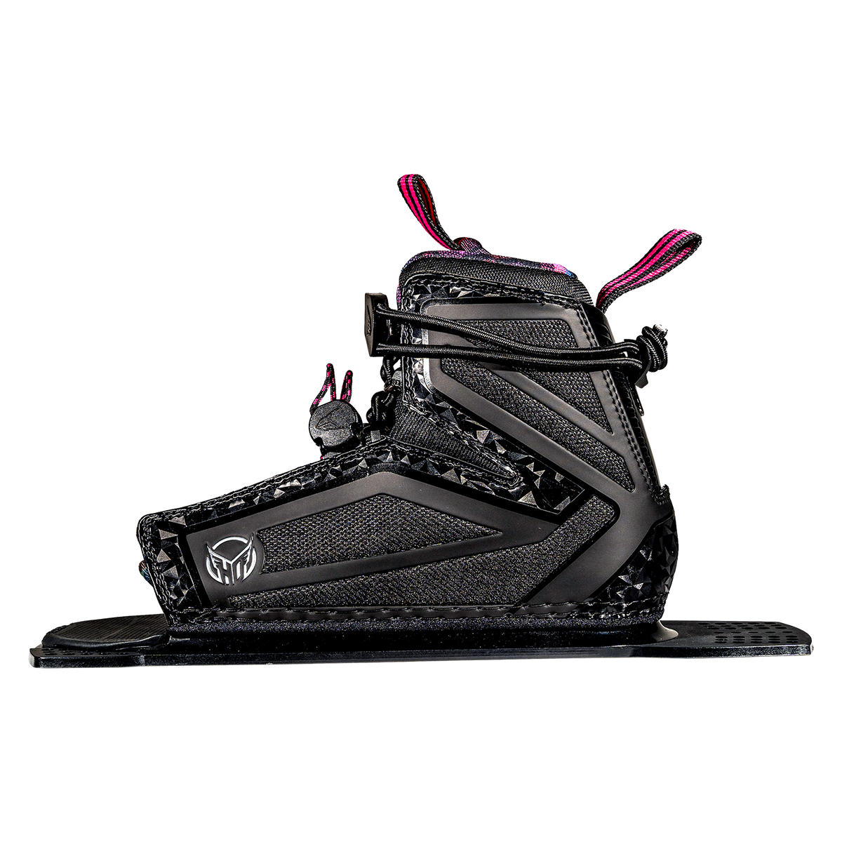 Side view of the Womens Stance 110 Rear binding in black with pink accents, featuring a lace-up closure and rigid frame.