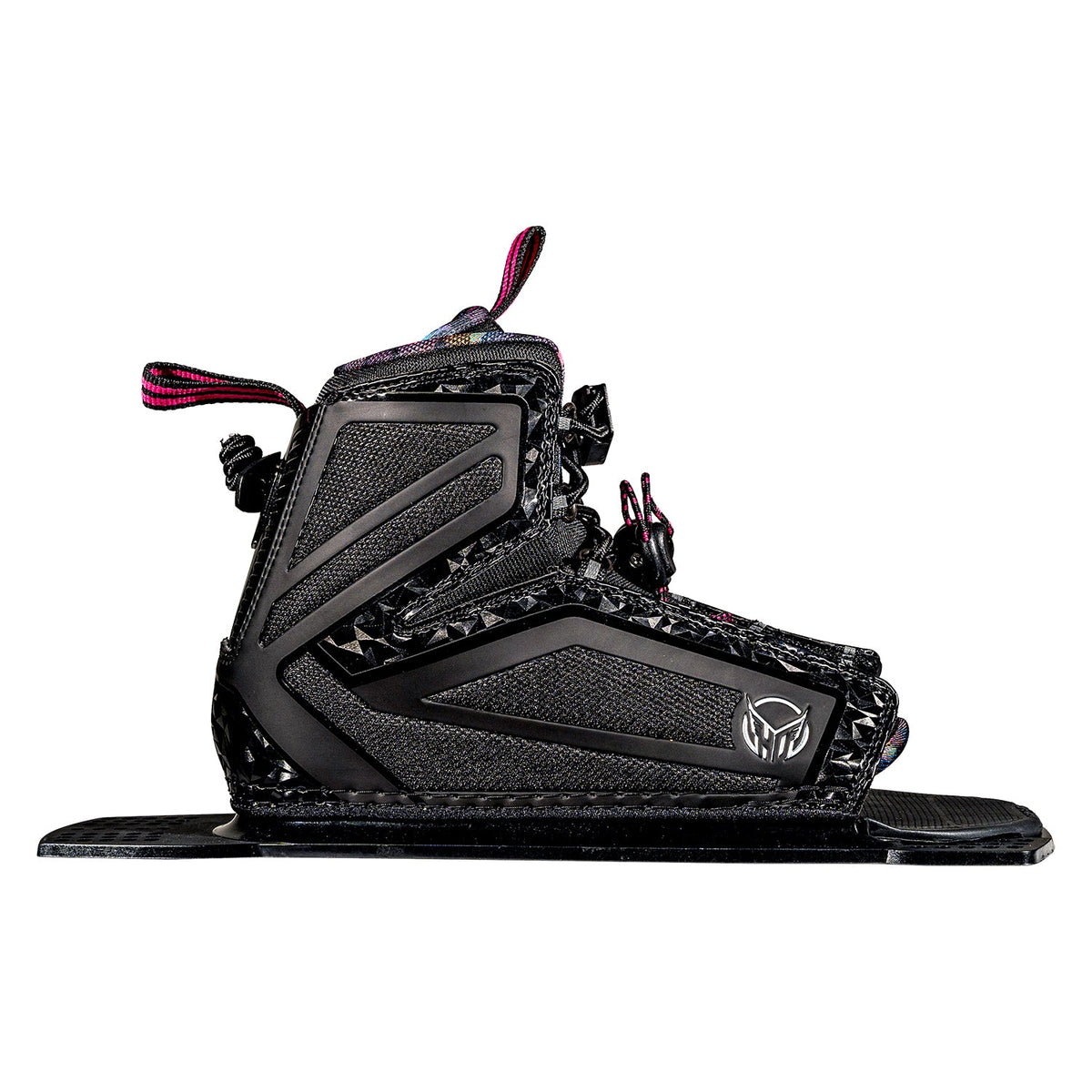 Side view of the Womens Stance 110 Rear binding in black with pink details, showcasing its structured design and secure fit.