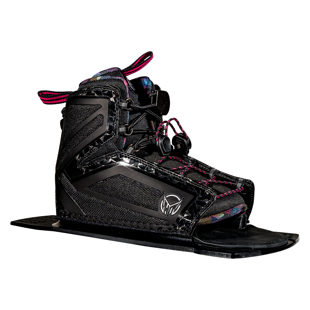 Angled view of the Womens Stance 110 Rear binding in black with pink laces, supportive ankle and open-toe design.