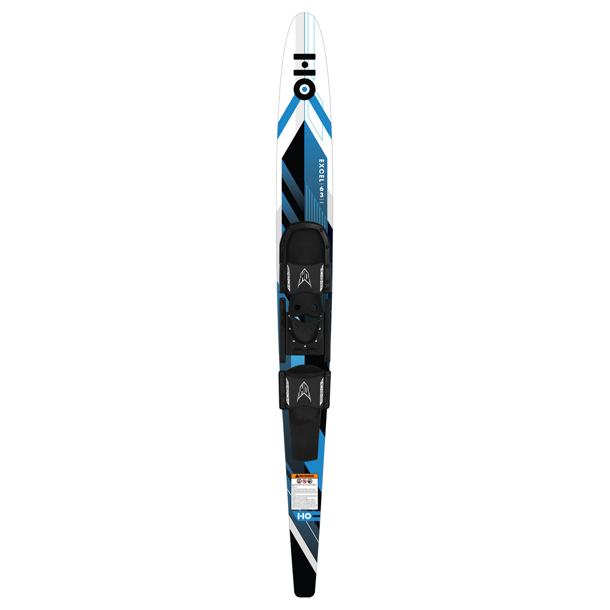 Front view of single Excel Combo water ski in blue, white, and black with bindings.