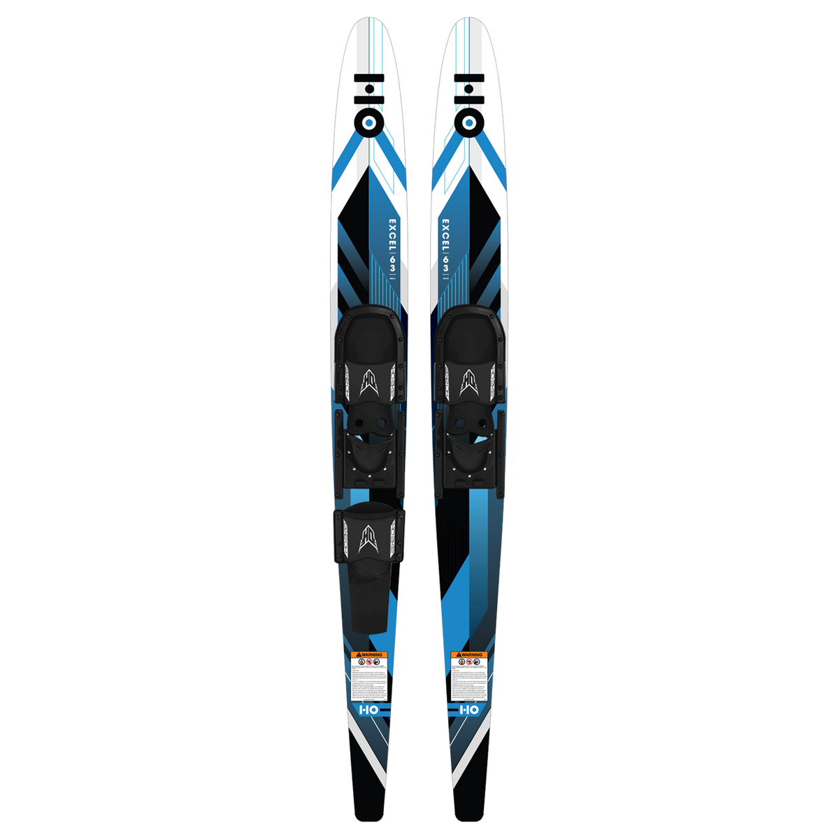 Front view of Excel Combos water skis in blue, white, and black with adjustable bindings.
