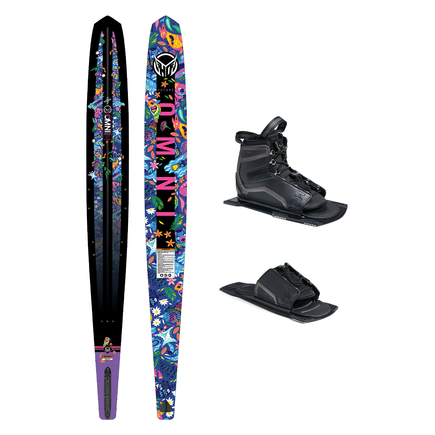 Top and base view of Future Omni Jungle ski with colorful tropical design, shown with UltraLite boot and toe plate.