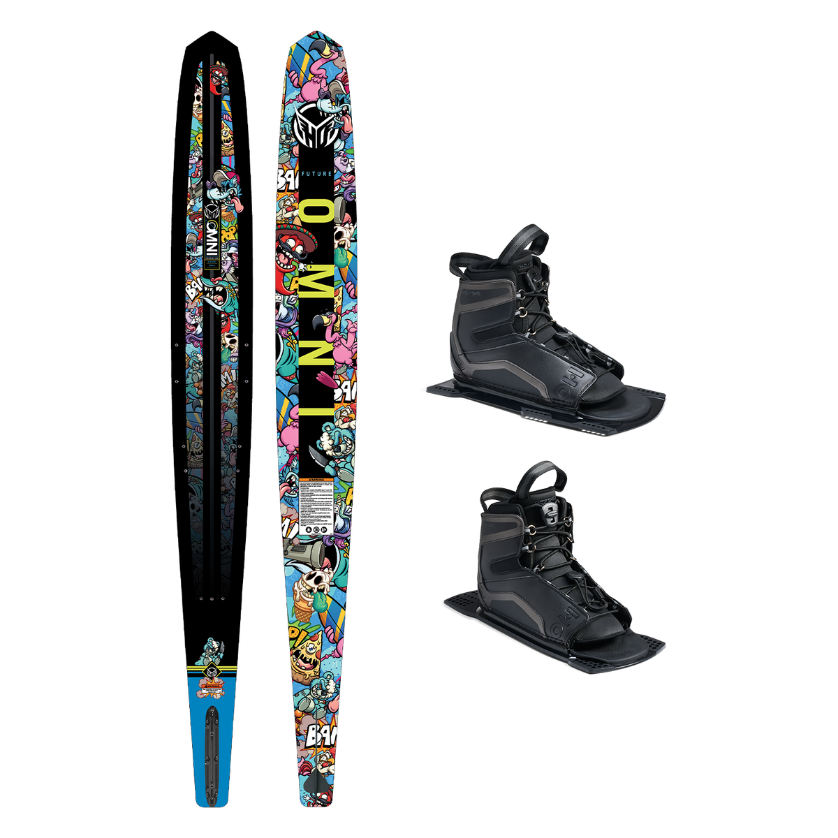 Top and base view of Future Omni Wacky Toons ski with comic-style graphics, shown with two UltraLite boots.