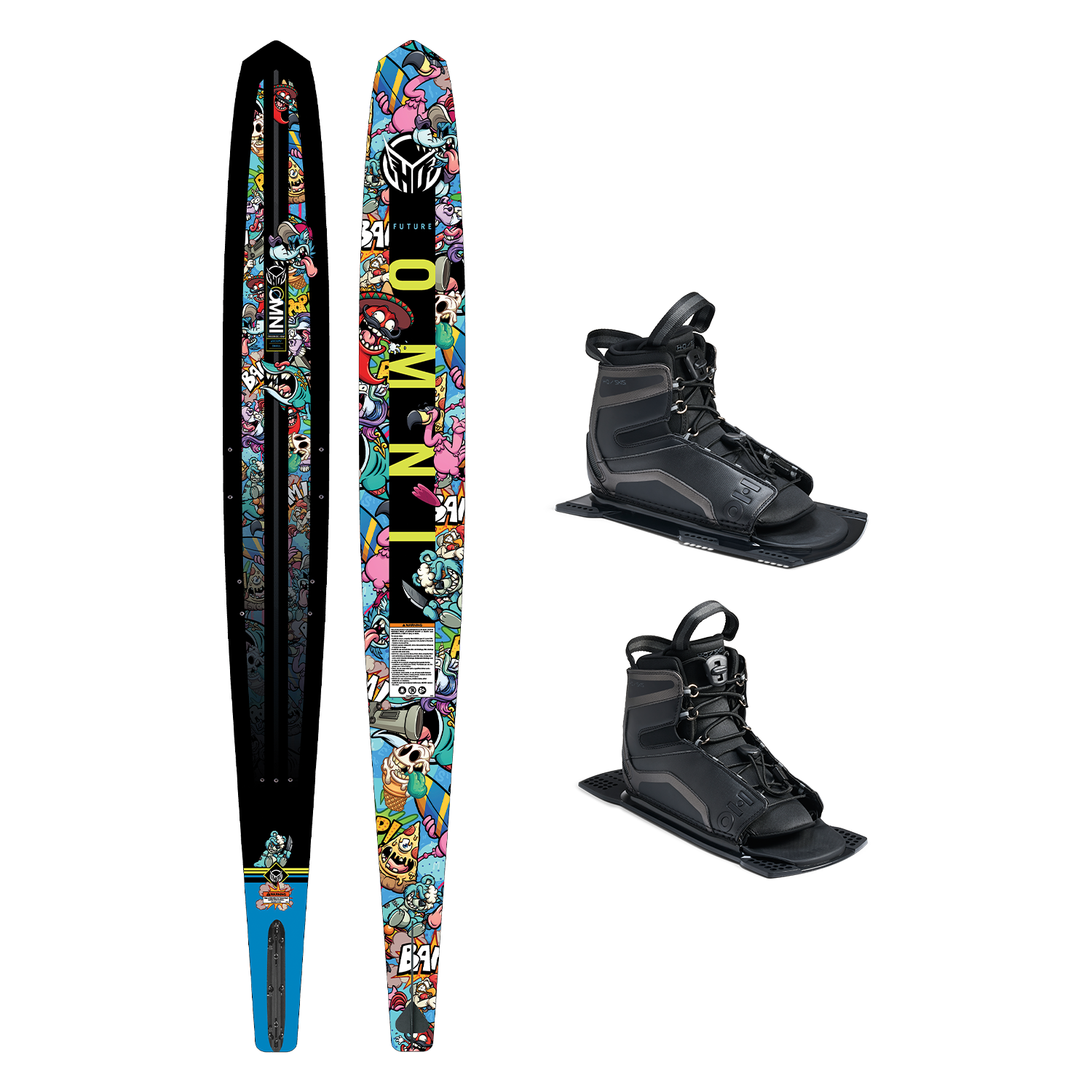 Top and base view of Future Omni Wacky Toons ski with comic-style graphics, shown with two UltraLite boots.