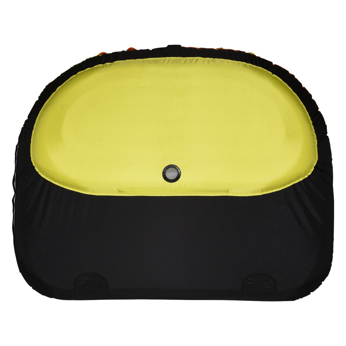Bottom view of Glide 3 Tube in yellow and black with center drain opening.