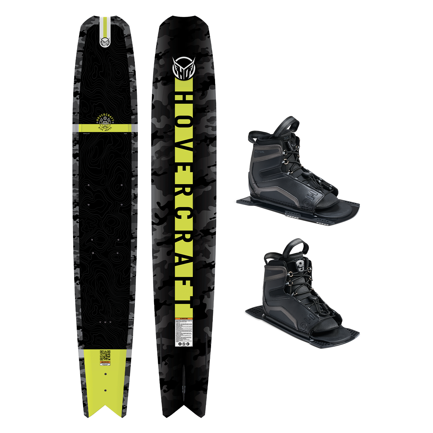 Top and base view of Hovercraft Camo ski with black and yellow design, shown with two UltraLite boots.