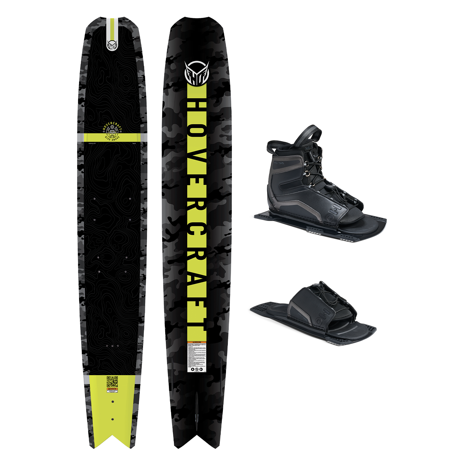 Top and base view of Hovercraft Camo ski with black and yellow design, shown with UltraLite boot and toe plate.