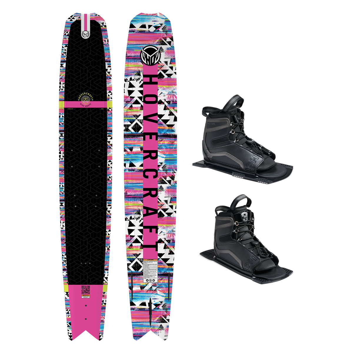 Top and base view of Hovercraft Pink ski with black and multicolor pattern, shown with two UltraLite boots.