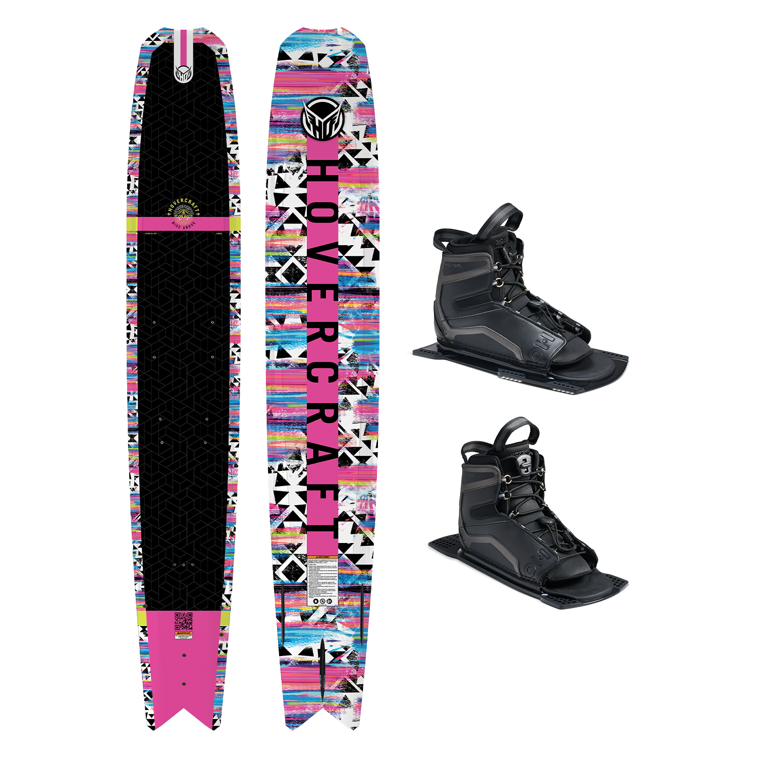 Top and base view of Hovercraft Pink ski with black and multicolor pattern, shown with two UltraLite boots.