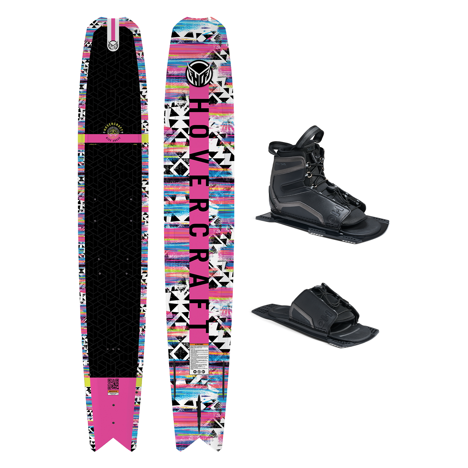 Top and base view of Hovercraft Pink ski with black and multicolor pattern, shown with UltraLite boot and toe plate.