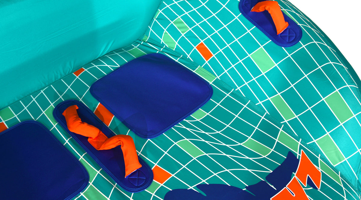 Angled detail view of Laguna 2 Tube showing padded orange grab handles.