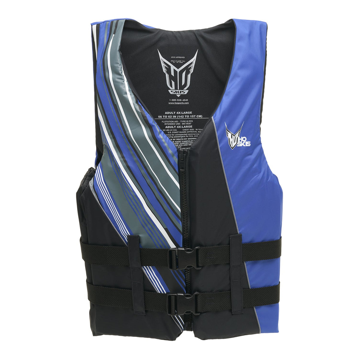 Front view of Mens Infinite Vest - Tall in black and blue with striped detailing and dual buckle straps.