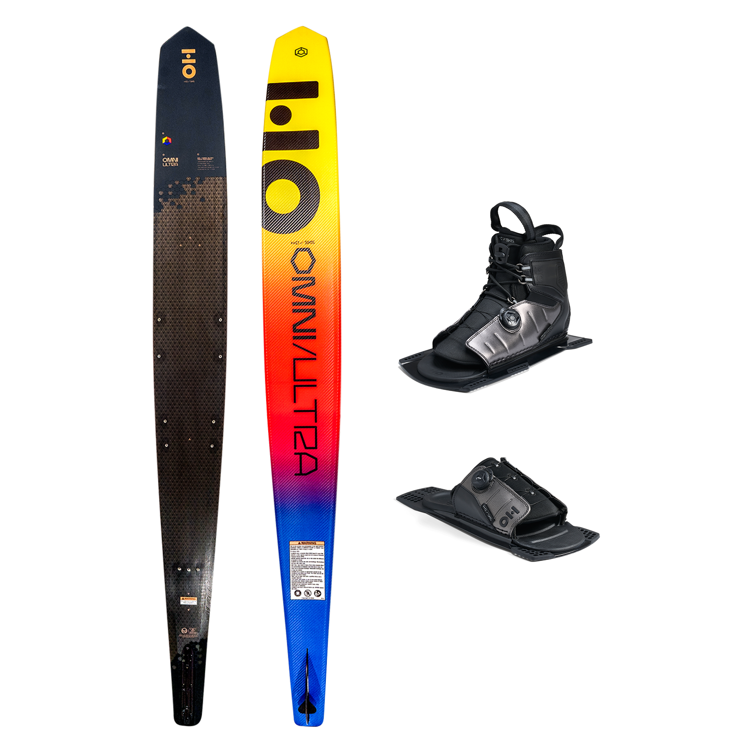 Top and base view of Omni Ultra Black ski with yellow to blue fade, shown with ATOP boot and toe plate.