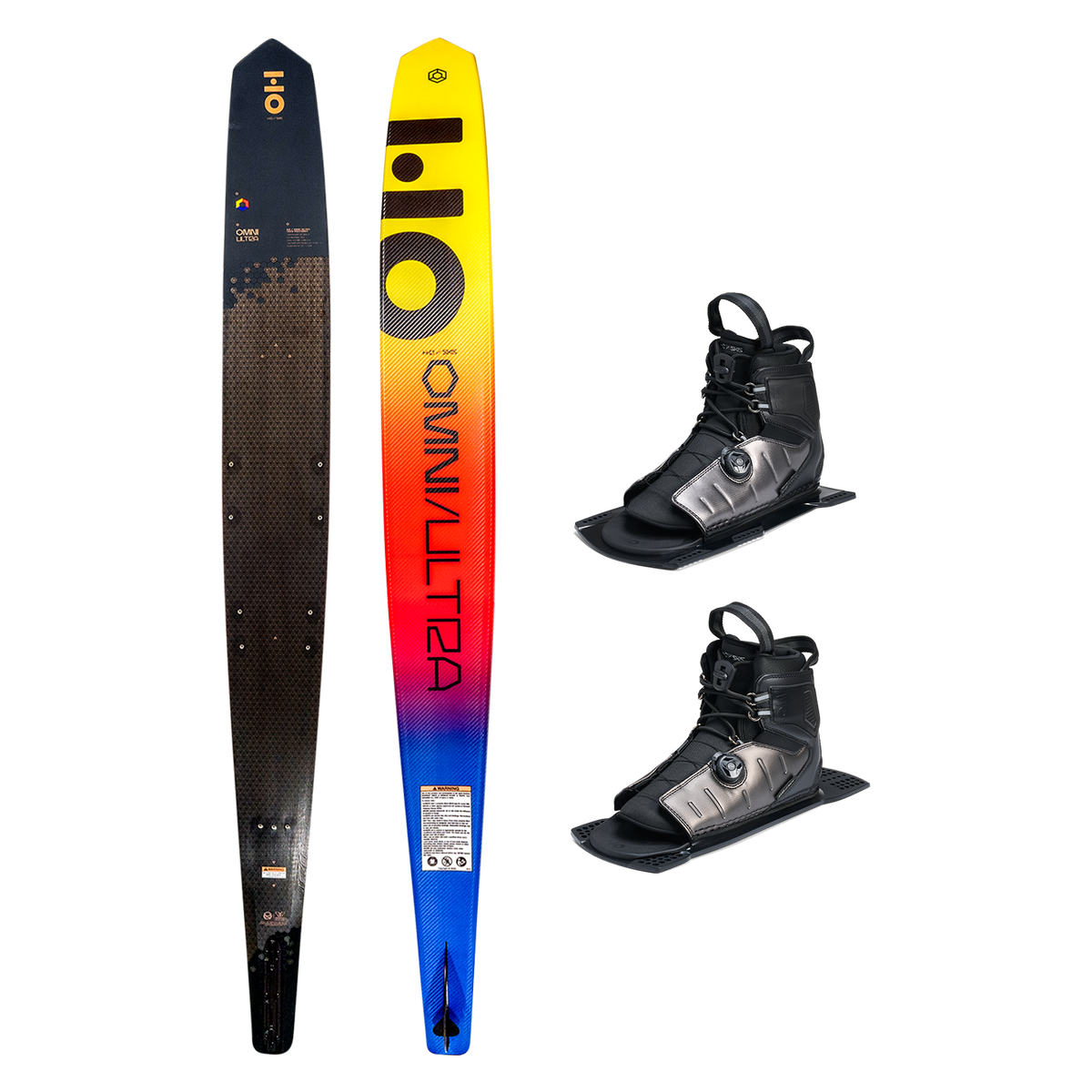 Top and base view of Omni Ultra Black ski with yellow to blue fade, shown with two ATOP boots.