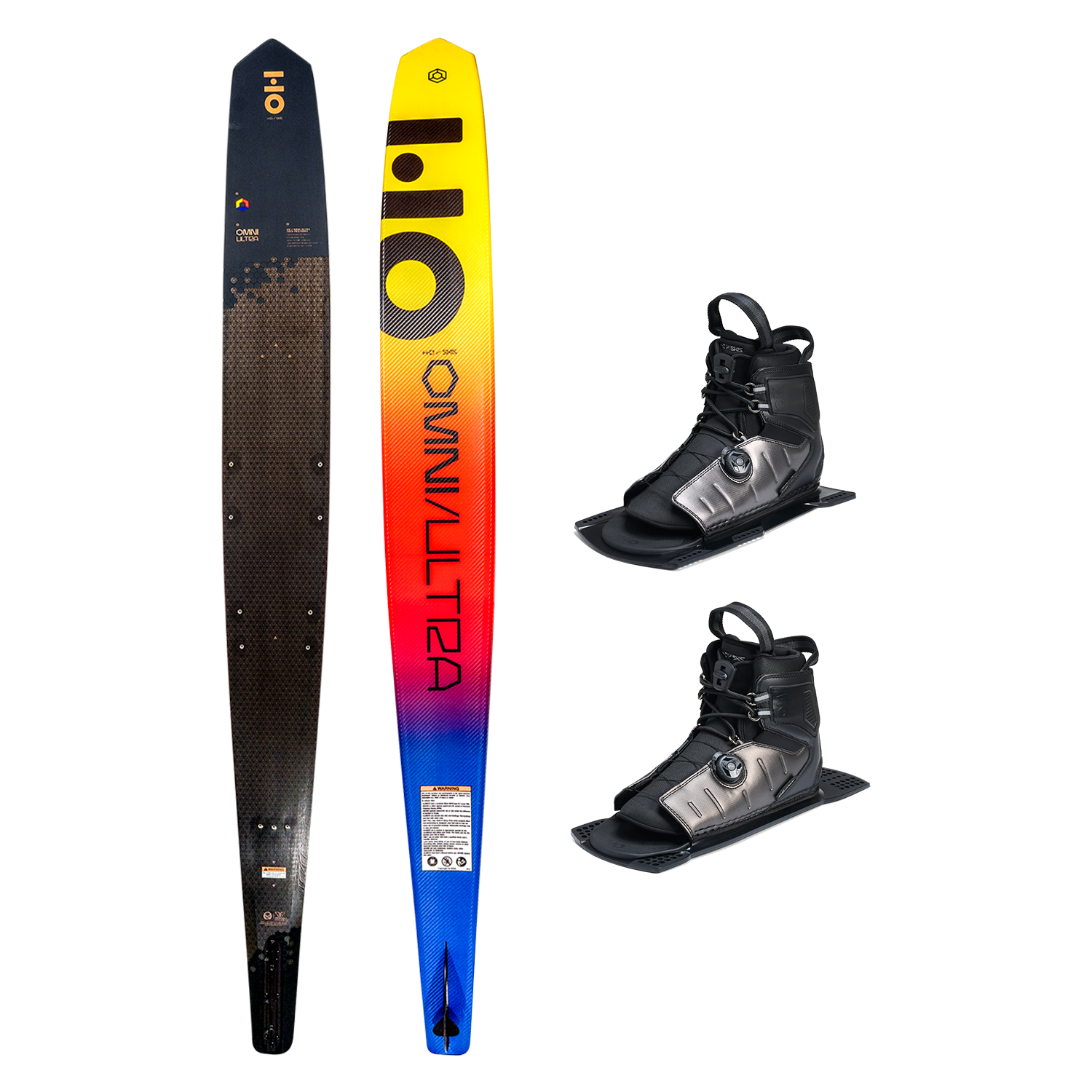 Top and base view of Omni Ultra Black ski with yellow to blue fade, shown with two ATOP boots.