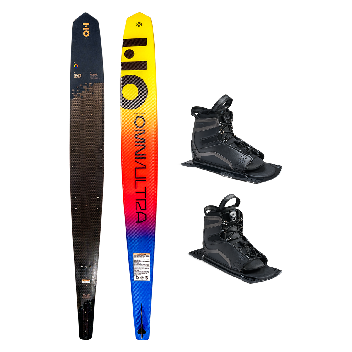 Top and base view of Omni Ultra Black ski with yellow to blue fade, shown with two UltraLite boots.