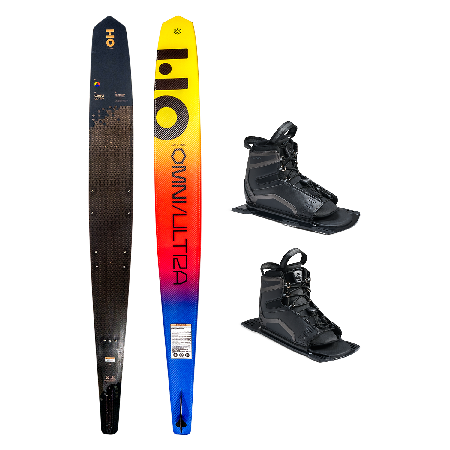 Top and base view of Omni Ultra Black ski with yellow to blue fade, shown with two UltraLite boots.