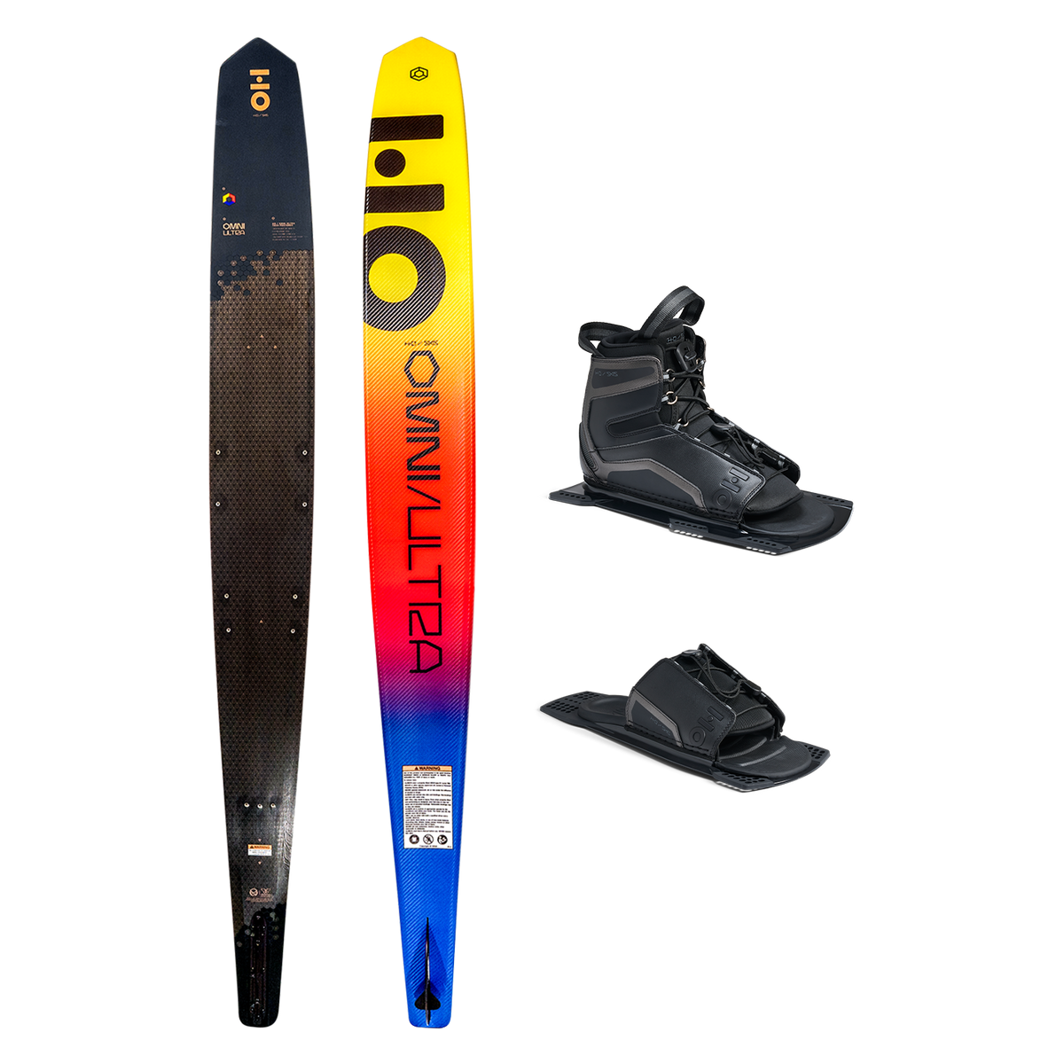 Top and base view of Omni Ultra Black ski with yellow to blue fade, shown with UltraLite boot and toe plate.