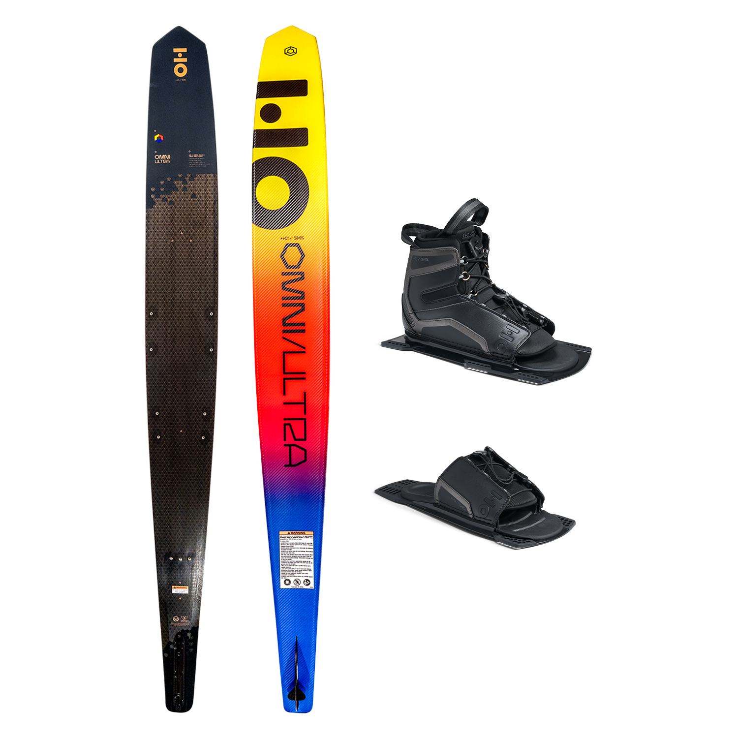 Top and base view of Omni Ultra Black ski with yellow to blue fade, shown with UltraLite boot and toe plate.