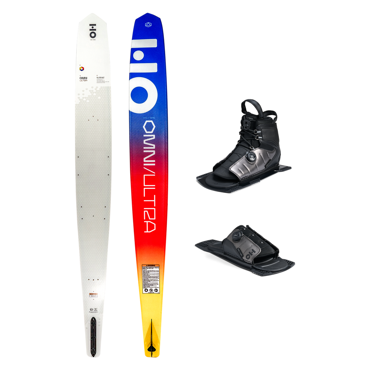 Top and base view of Omni Ultra White ski with yellow to blue fade, shown with ATOP boot and toe plate.