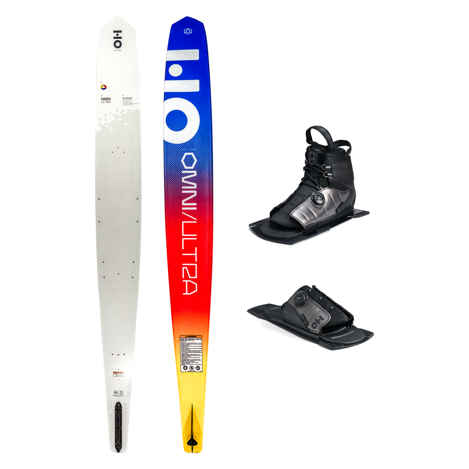 Top and base view of Omni Ultra White ski with yellow to blue fade, shown with ATOP boot and toe plate.