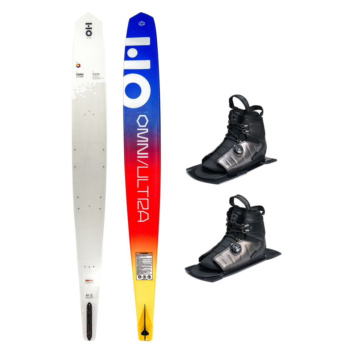 Top and base view of Omni Ultra White ski with yellow to blue fade, shown with two ATOP boots.