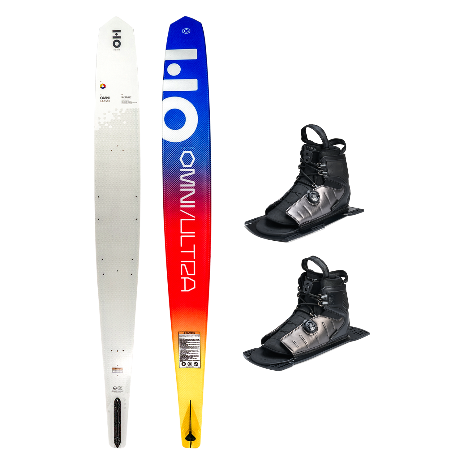 Top and base view of Omni Ultra White ski with yellow to blue fade, shown with two ATOP boots.