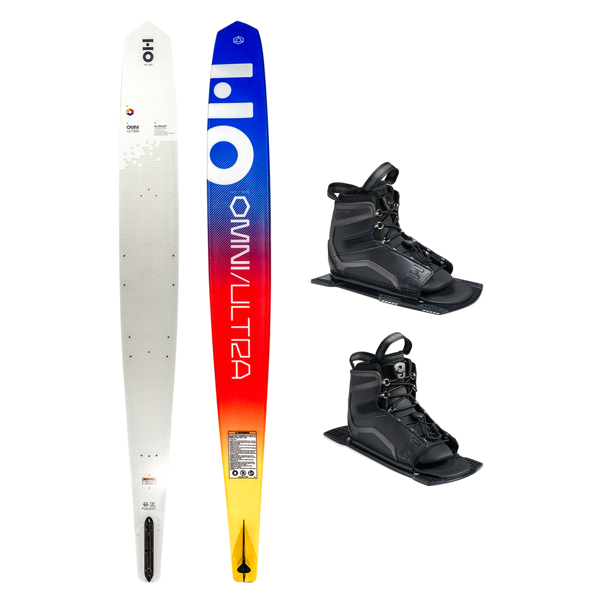 Top and base view of Omni Ultra White ski with yellow to blue fade, shown with two UltraLite boots.