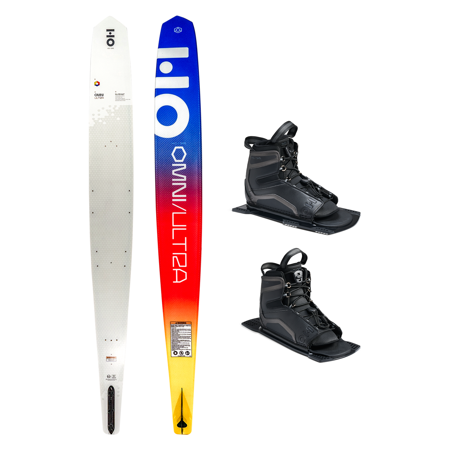 Top and base view of Omni Ultra White ski with yellow to blue fade, shown with two UltraLite boots.