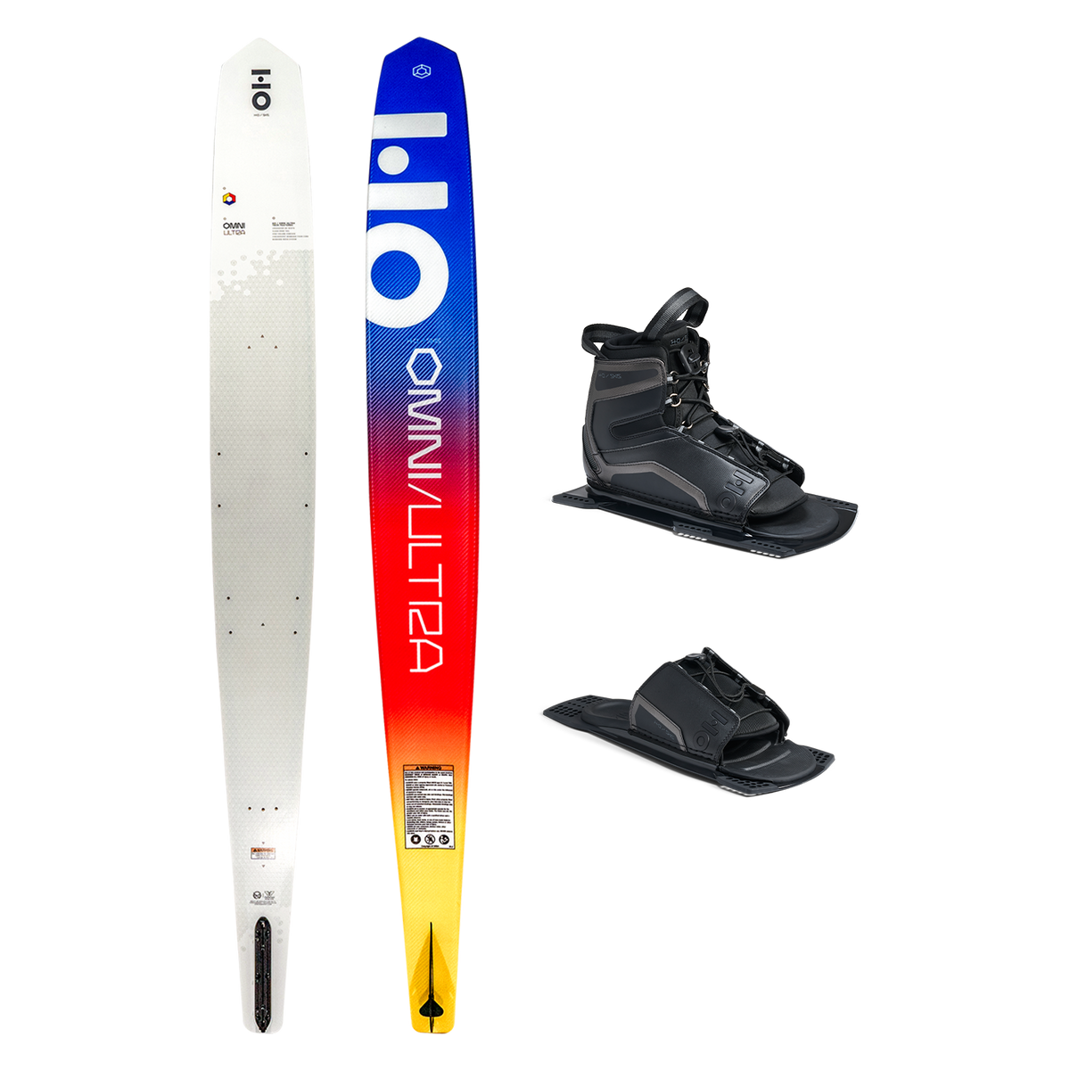 Top and base view of Omni Ultra White ski with yellow to blue fade, shown with UltraLite boot and toe plate.