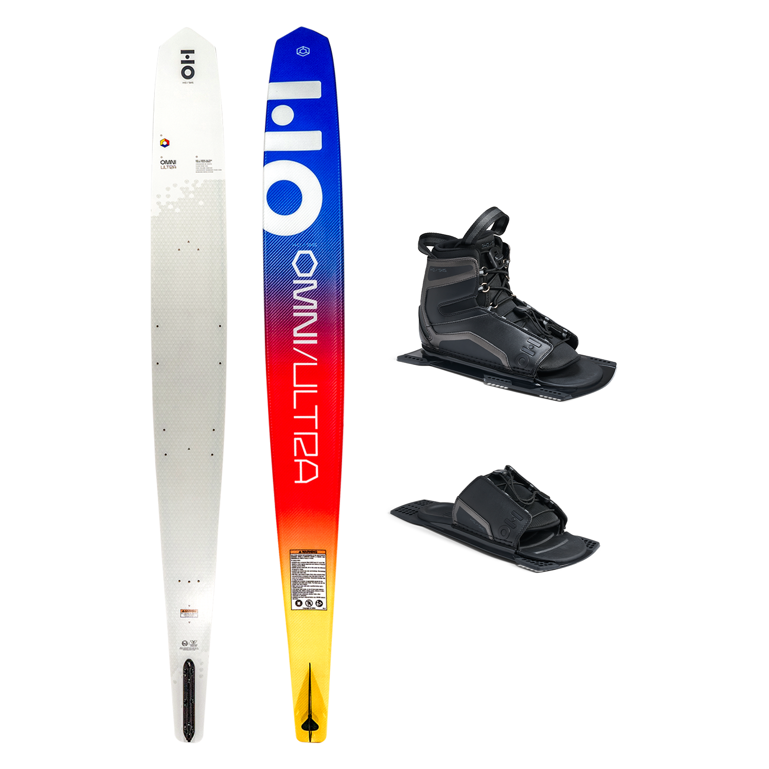 Top and base view of Omni Ultra White ski with yellow to blue fade, shown with UltraLite boot and toe plate.