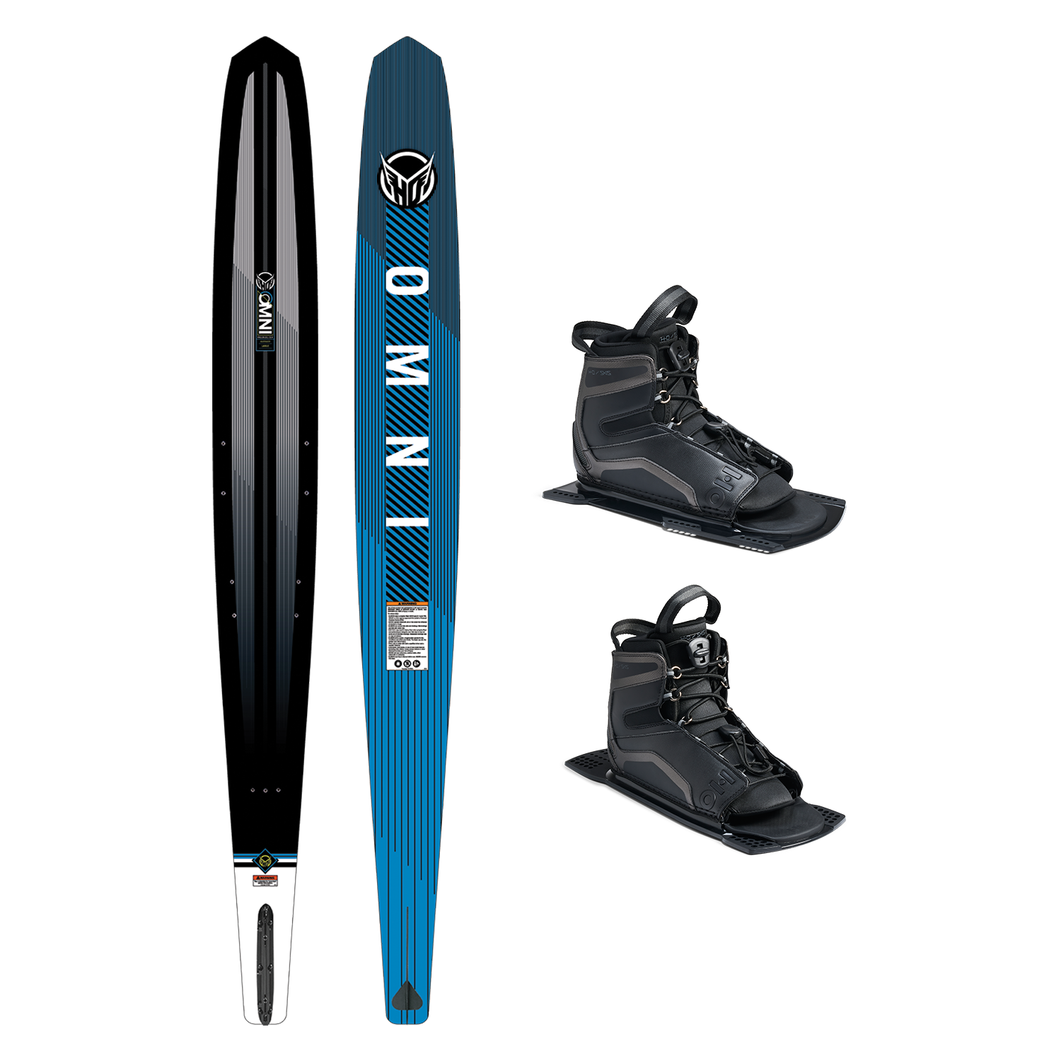 Top and base view of Omni ski in blue and black, shown with two UltraLite boots.