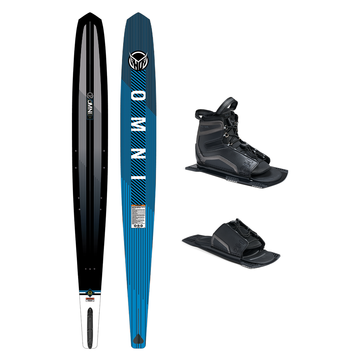 Top and base view of Omni ski in blue and black, shown with UltraLite boot and rear toe plate.