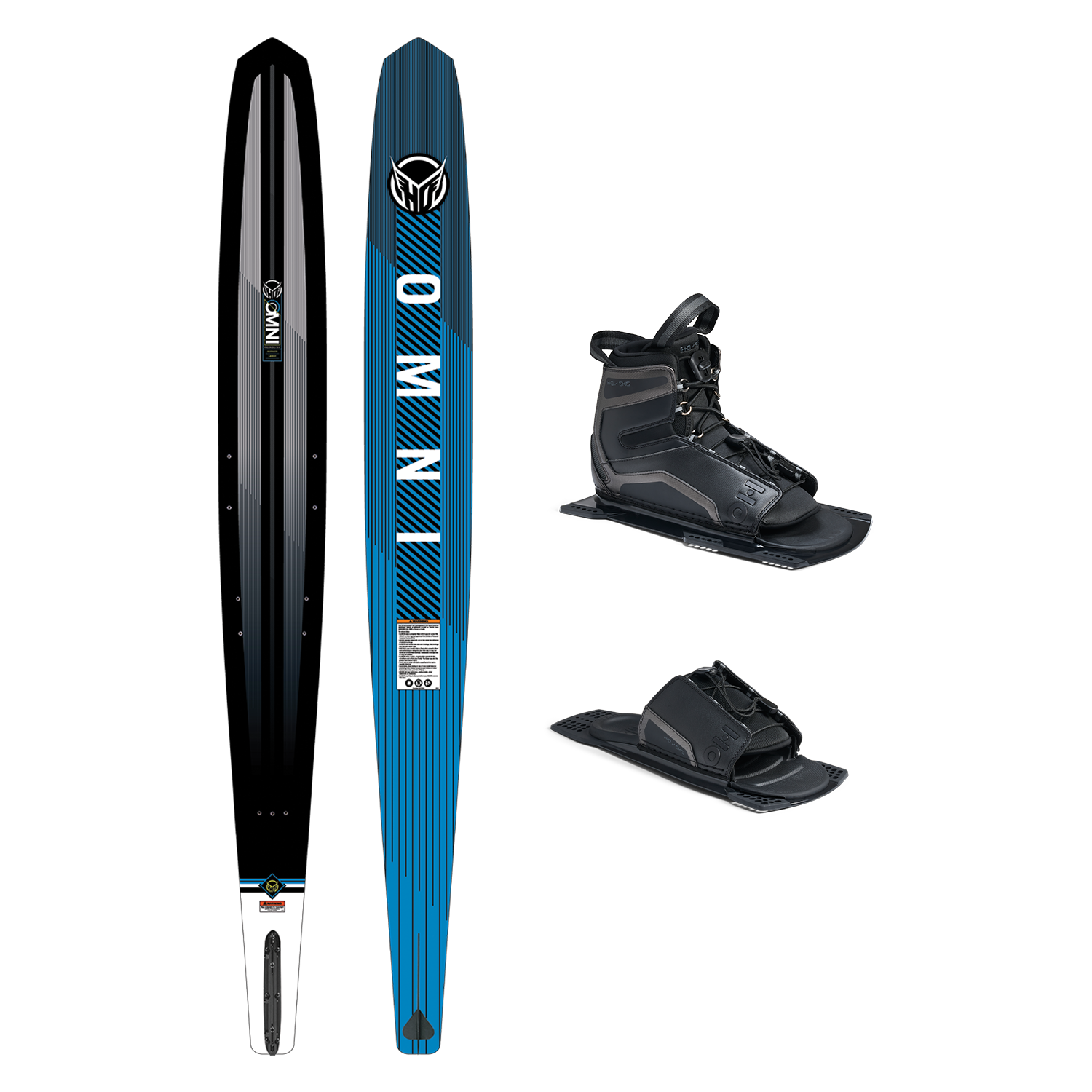 Top and base view of Omni ski in blue and black, shown with UltraLite boot and rear toe plate.
