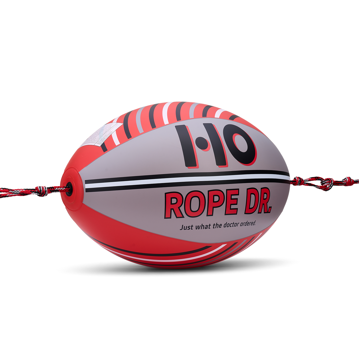 Side view of Rope Doctor tube towing device with striped red and black pattern.