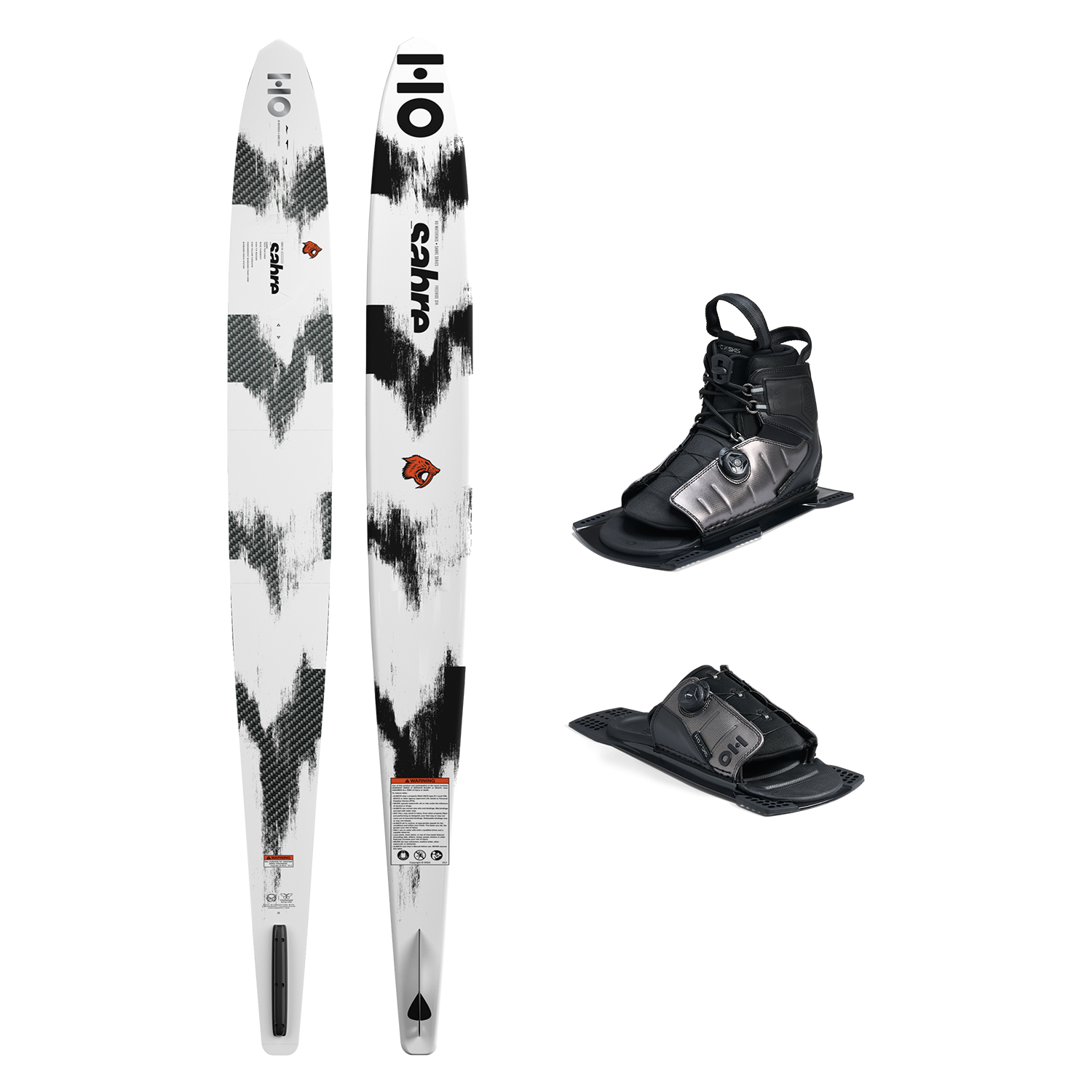 Top and base view of Sabre ski with black and white pattern, shown with ATOP boot and rear toe plate.