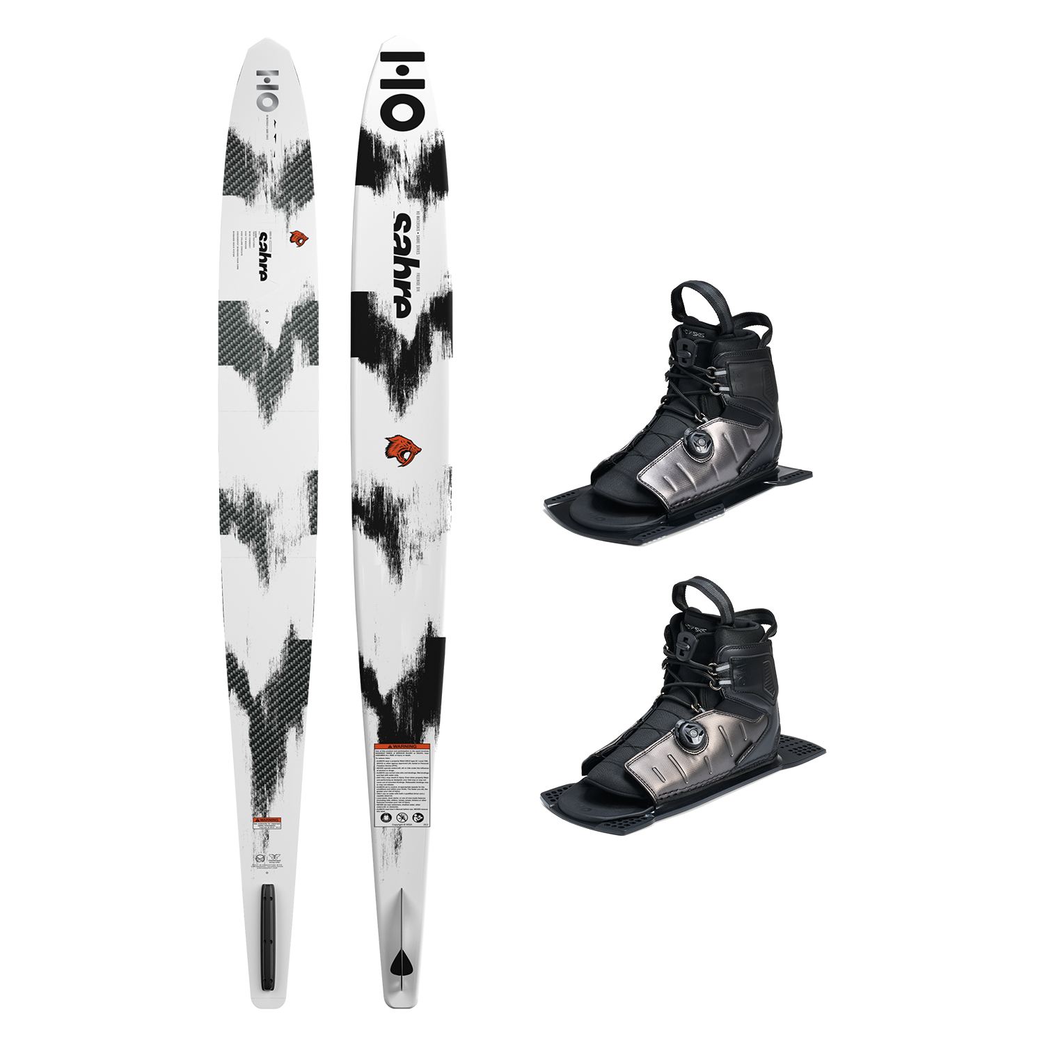 Top and base view of Sabre ski with black and white pattern, shown with two black ATOP boots.
