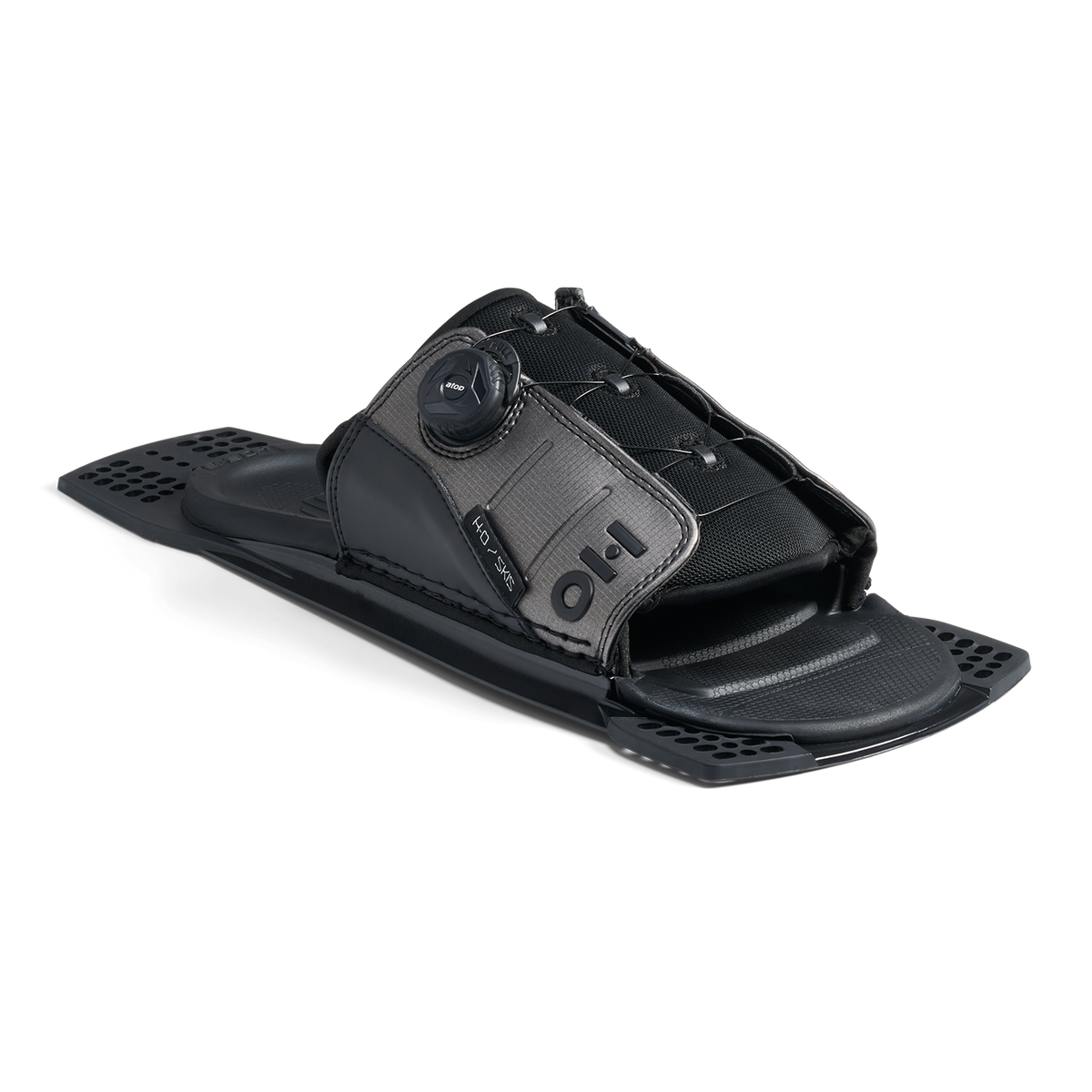 Angled view of Stance ATOP Adjustable Rear Toe Plate in black and gray with lace system.